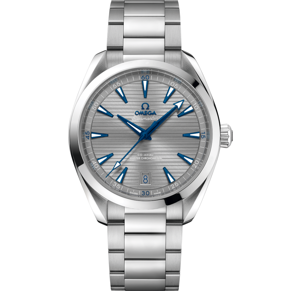 Quadrante grigio spazzolato con motivo teak orizzontale e indici applicati dell’Omega Seamaster Aqua Terra 41 mm 220.10.41.21.06.001.