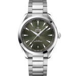 Load image into Gallery viewer, Quadrante verde oliva a raggi di sole con motivo teak orizzontale e indici applicati rodiati dell’Omega Seamaster Aqua Terra 41 mm 220.10.41.21.10.001.
