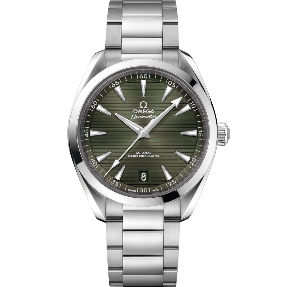 Quadrante verde oliva a raggi di sole con motivo teak orizzontale e indici applicati rodiati dell’Omega Seamaster Aqua Terra 41 mm 220.10.41.21.10.001.