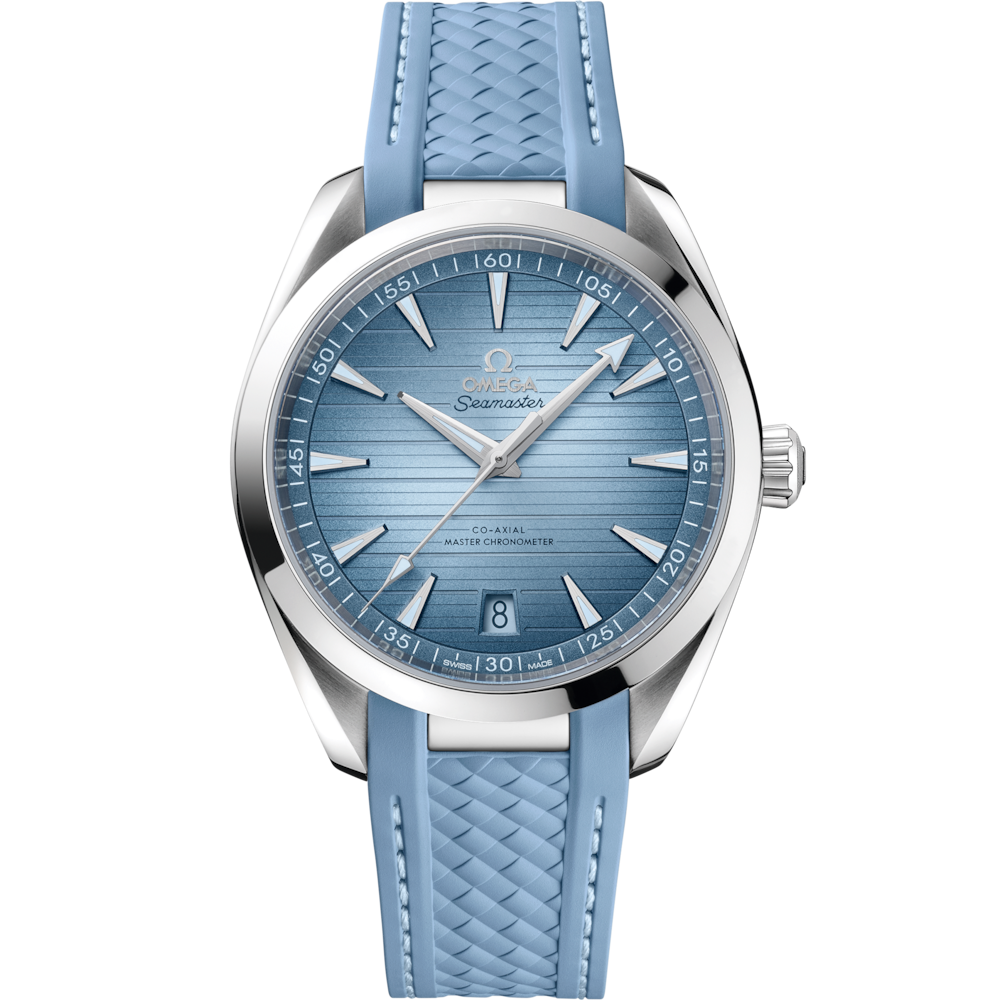 Quadrante blu "Summer Blue" con finitura elegante dell’Omega Seamaster Aqua Terra 41 mm modello 220.12.41.21.03.008.