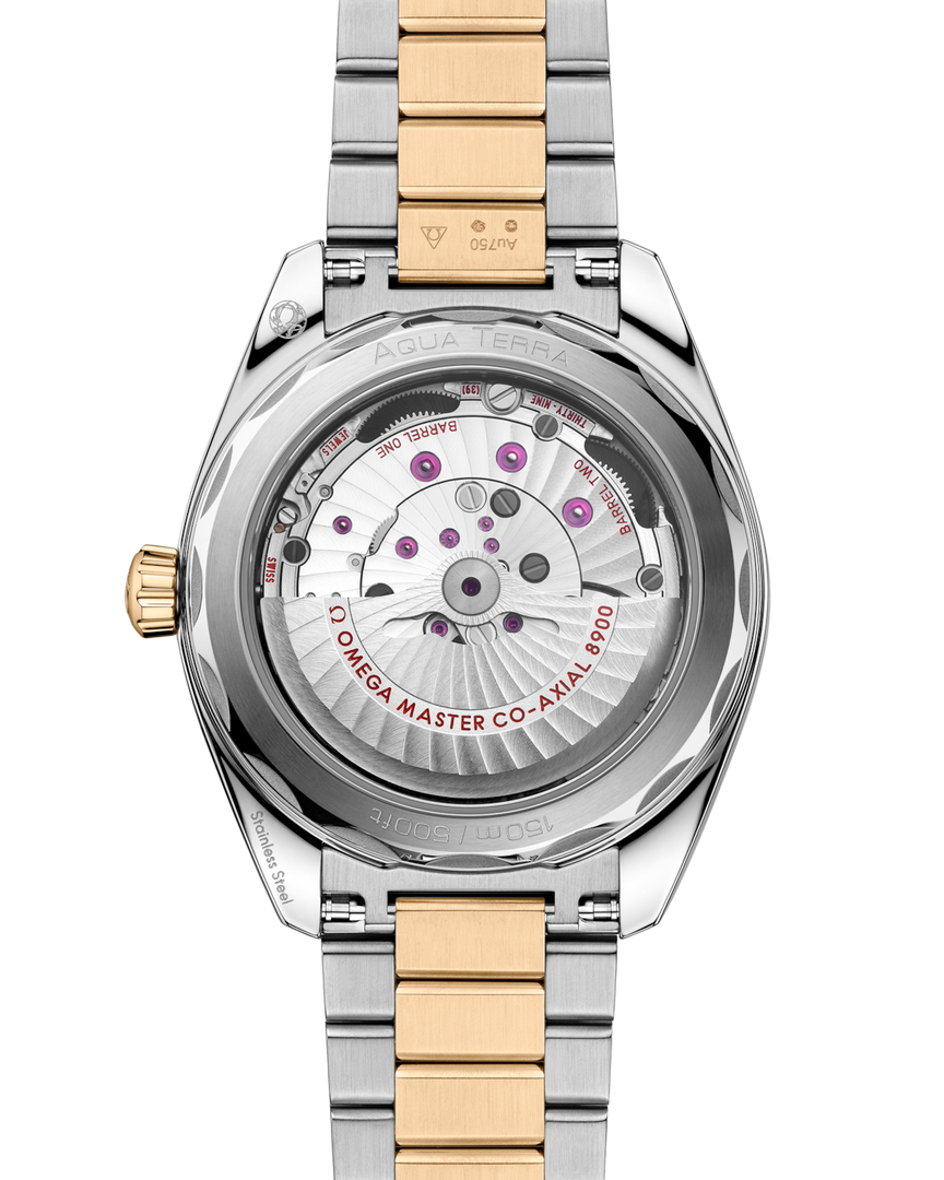 Bracciale in acciaio inox con inserti in oro Moonshine™ e chiusura déployante dell’Omega Seamaster Aqua Terra 150M modello 220.20.41.21.01.001 con fondello trasparente decorato a onde.