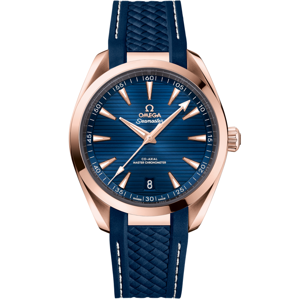 Quadrante argentato sunburst dell’Omega Seamaster Aqua Terra 41 mm con indici a bastone rodiati, lancette sfaccettate e datario a ore 3