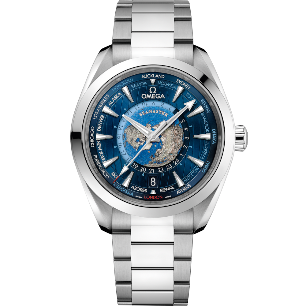 Quadrante blu guilloché con mappa del mondo e indici applicati rodiati dell’Omega Seamaster Aqua Terra 150M GMT Worldtimer 43 mm modello 220.10.43.22.03.001.