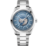 Load image into Gallery viewer, Quadrante grigio guilloché con mappa del mondo e indici applicati rodiati dell’Omega Seamaster Aqua Terra 150M GMT Worldtimer 43 mm modello 220.10.43.22.03.002.
