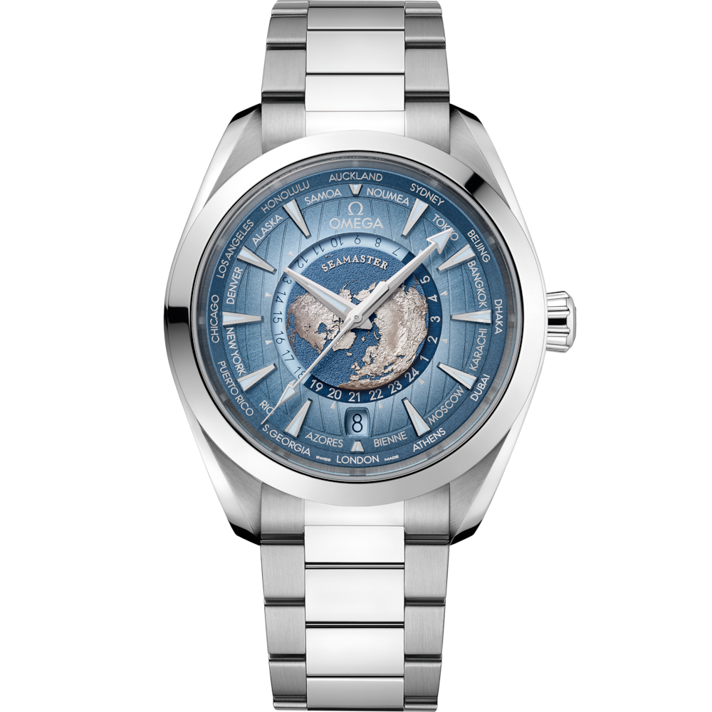 Quadrante grigio guilloché con mappa del mondo e indici applicati rodiati dell’Omega Seamaster Aqua Terra 150M GMT Worldtimer 43 mm modello 220.10.43.22.03.002.