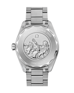 Load image into Gallery viewer, Bracciale in acciaio lucido e spazzolato con chiusura déployante e doppio pulsante di sicurezza dell’Omega Seamaster Aqua Terra 150M GMT Worldtimer 43 mm.
