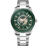 Load image into Gallery viewer, Quadrante verde soleil con mappa del mondo incisa su titanio e dettagli in oro Moonshine™ 18K dell’Omega Seamaster Aqua Terra 150M GMT Worldtimer 43 mm modello 220.30.43.22.10.001.

