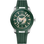 Load image into Gallery viewer, Quadrante verde soleil con mappa del mondo incisa su titanio e indici in oro Moonshine™ 18K e lancette rosse GMT dell’Omega Seamaster Aqua Terra 150M GMT Worldtimer 43 mm modello 220.32.43.22.10.001.

