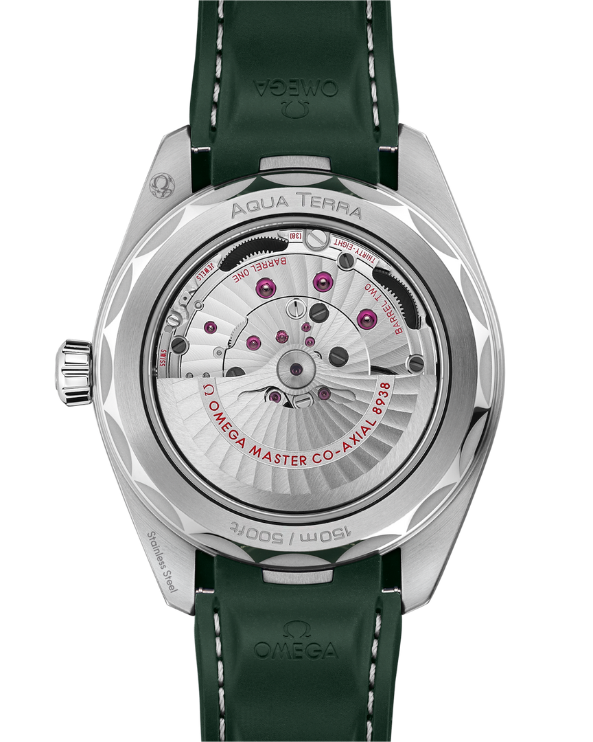 Cinturino in caucciù verde con fibbia déployante lucida e spazzolata in acciaio dell’Omega Seamaster Aqua Terra 150M GMT Worldtimer 43 mm.