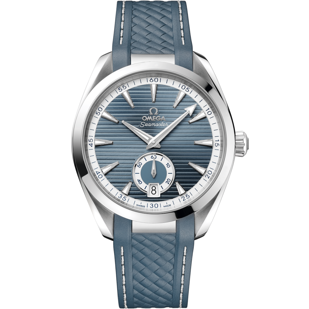Quadrante argentato sunburst dell’Omega Seamaster Aqua Terra 41 mm con piccoli secondi a ore 6, indici a bastone rodiati e datario a ore 3