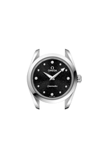 Load image into Gallery viewer, Profilo laterale della cassa in acciaio lucido e spazzolato da 28 mm con vetro zaffiro bombato antiriflesso e corona a vite Omega.
