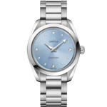 Load image into Gallery viewer, Quadrante bianco madreperla iridescente dell&#39;Omega Seamaster Aqua Terra 28 mm con 12 indici di diamanti incastonati e lancette rodiate
