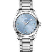 Quadrante bianco madreperla iridescente dell'Omega Seamaster Aqua Terra 28 mm con 12 indici di diamanti incastonati e lancette rodiate