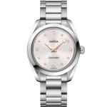 Load image into Gallery viewer, Quadrante in madreperla bianca iridescente con 12 diamanti incastonati su supporti rodiati dell’Omega Seamaster Aqua Terra 150M Quartz 28 mm modello 220.10.28.60.54.001.
