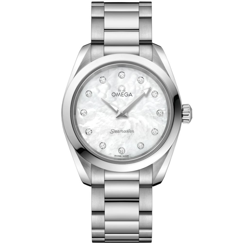 Quadrante in madreperla bianca con indici impreziositi da diamanti dell’Omega Seamaster Aqua Terra 150M Quartz 28 mm modello 220.10.28.60.55.001.