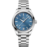 Load image into Gallery viewer, Quadrante verde laguna laccato e spazzolato soleil con indici e lancette in oro bianco 18K riempiti di Super-LumiNova dell’Omega Seamaster Aqua Terra Shades 34 mm modello 220.10.34.20.10.001.
