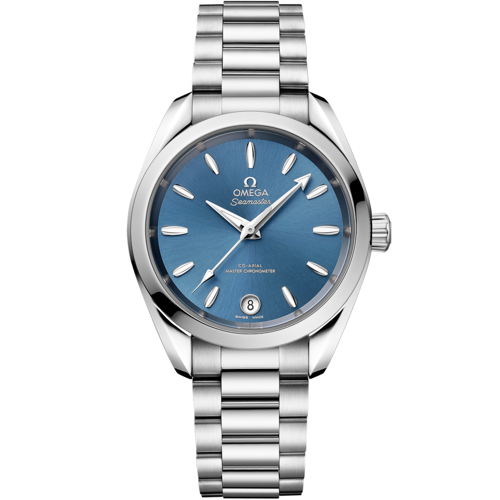 Quadrante verde laguna laccato e spazzolato soleil con indici e lancette in oro bianco 18K riempiti di Super-LumiNova dell’Omega Seamaster Aqua Terra Shades 34 mm modello 220.10.34.20.10.001.