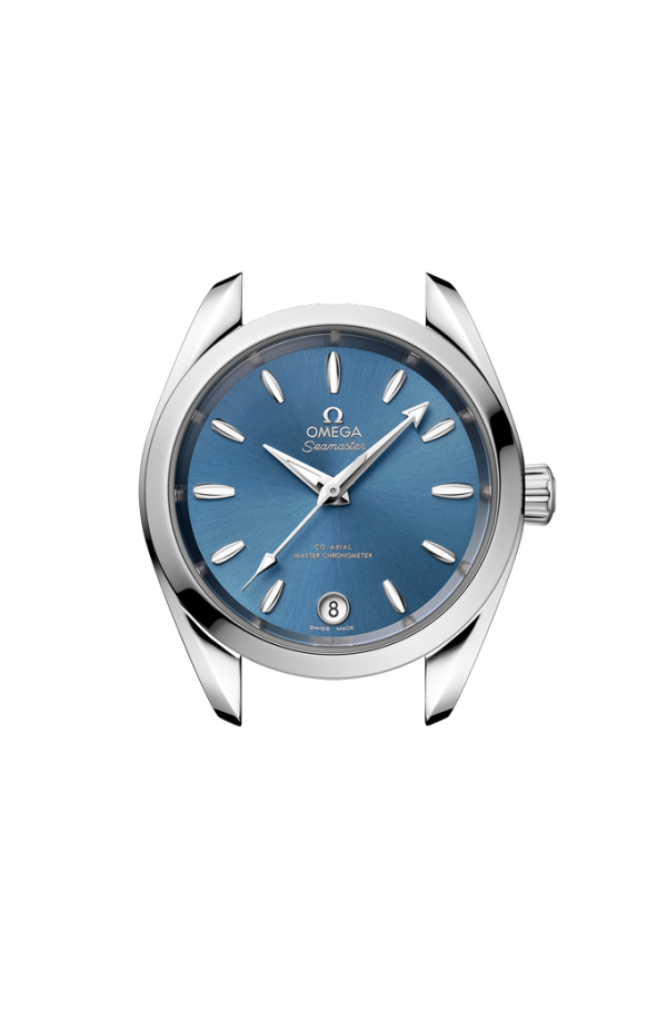 Profilo laterale della cassa in acciaio lucido e spazzolato da 34 mm con vetro zaffiro bombato antiriflesso e corona a vite Omega.