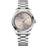 Load image into Gallery viewer, Quadrante sabbia laccato e spazzolato soleil con indici e lancette rodiati riempiti di Super-LumiNova bianca dell’Omega Seamaster Aqua Terra Shades 34 mm modello 220.10.34.20.09.001.
