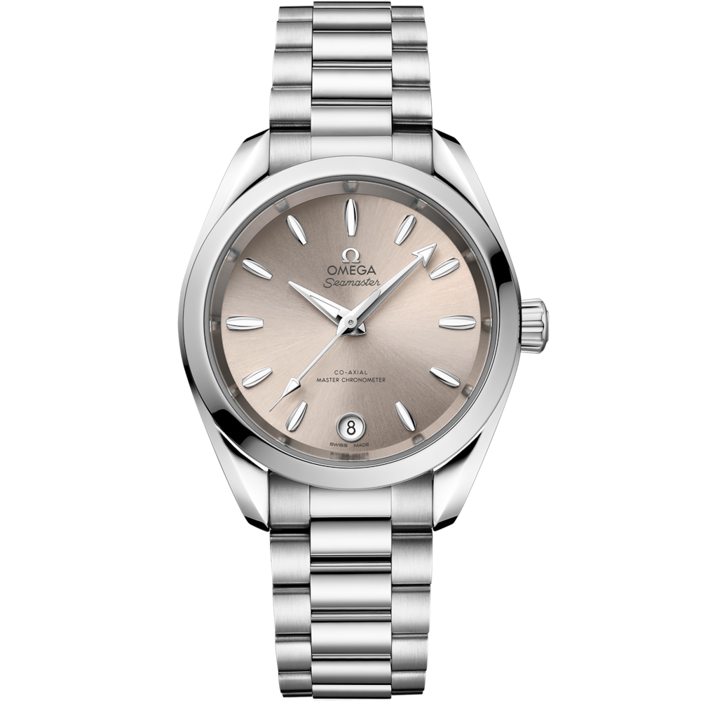 Quadrante sabbia laccato e spazzolato soleil con indici e lancette rodiati riempiti di Super-LumiNova bianca dell’Omega Seamaster Aqua Terra Shades 34 mm modello 220.10.34.20.09.001.