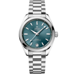 Load image into Gallery viewer, Quadrante verde laguna laccato e spazzolato soleil con indici e lancette in oro bianco 18K riempiti di Super-LumiNova dell’Omega Seamaster Aqua Terra Shades 34 mm modello 220.10.34.20.10.001.
