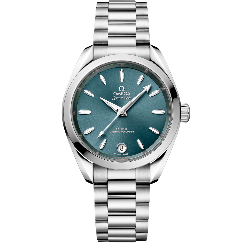 Quadrante verde laguna laccato e spazzolato soleil con indici e lancette in oro bianco 18K riempiti di Super-LumiNova dell’Omega Seamaster Aqua Terra Shades 34 mm modello 220.10.34.20.10.001.