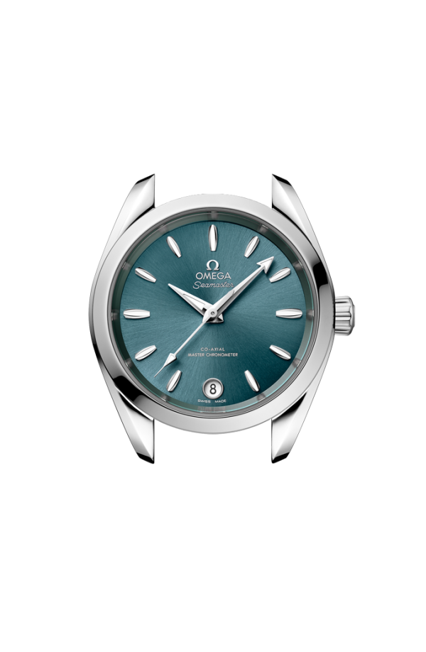 Profilo laterale della cassa in acciaio lucido e spazzolato da 34 mm con vetro zaffiro bombato antiriflesso e corona a vite Omega.