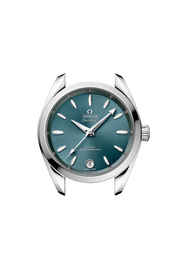 Profilo laterale della cassa in acciaio lucido e spazzolato da 34 mm con vetro zaffiro bombato antiriflesso e corona a vite Omega.