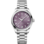 Load image into Gallery viewer, Quadrante viola/lavanda laccato e spazzolato soleil con indici e lancette rodiati riempiti di Super-LumiNova bianca dell’Omega Seamaster Aqua Terra Shades 34 mm modello 220.10.34.20.10.002.
