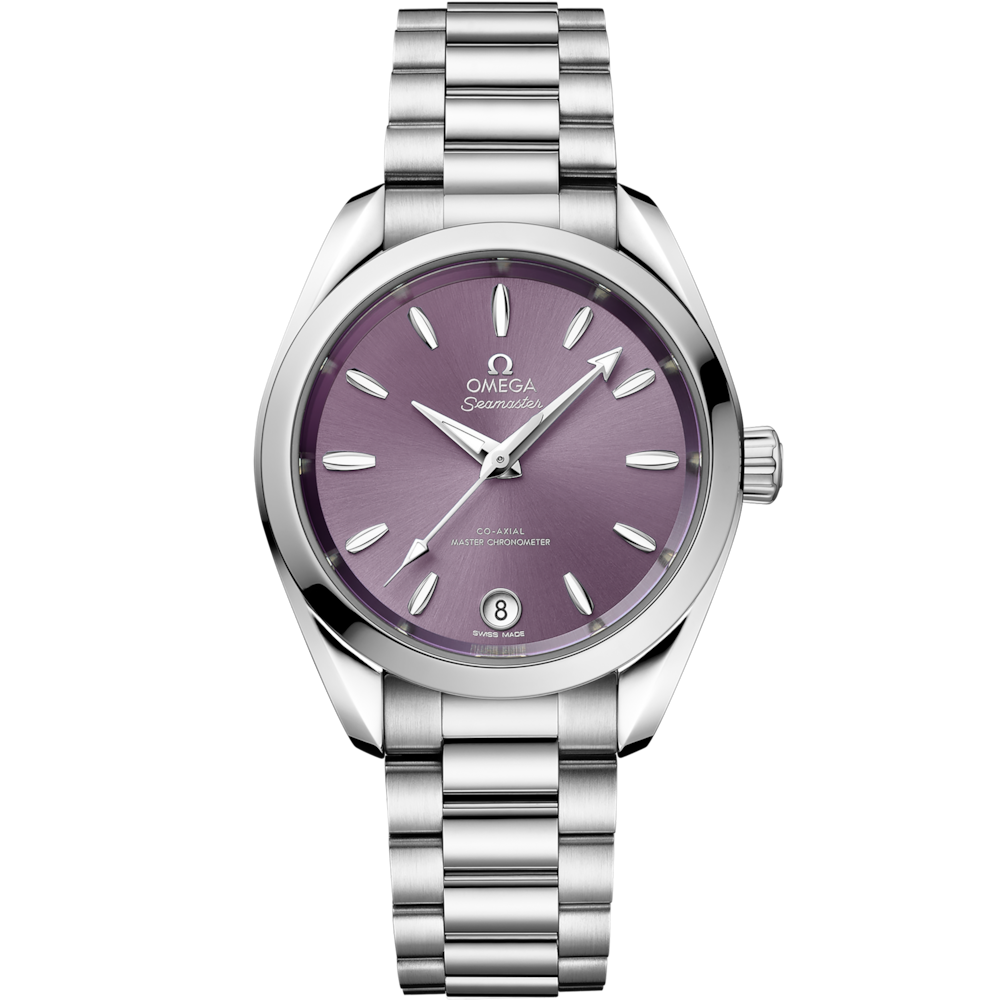 Quadrante viola/lavanda laccato e spazzolato soleil con indici e lancette rodiati riempiti di Super-LumiNova bianca dell’Omega Seamaster Aqua Terra Shades 34 mm modello 220.10.34.20.10.002.