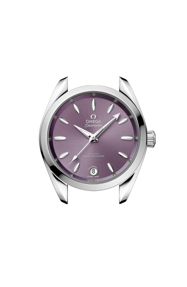 Profilo laterale della cassa in acciaio lucido e spazzolato da 34 mm con vetro zaffiro bombato antiriflesso e corona a vite Omega.