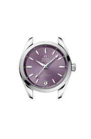 Profilo laterale della cassa in acciaio lucido e spazzolato da 34 mm con vetro zaffiro bombato antiriflesso e corona a vite Omega.