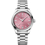Load image into Gallery viewer, Quadrante shell pink laccato e spazzolato soleil con indici e lancette rodiati riempiti di Super-LumiNova bianca dell’Omega Seamaster Aqua Terra Shades 34 mm modello 220.10.34.20.10.003.
