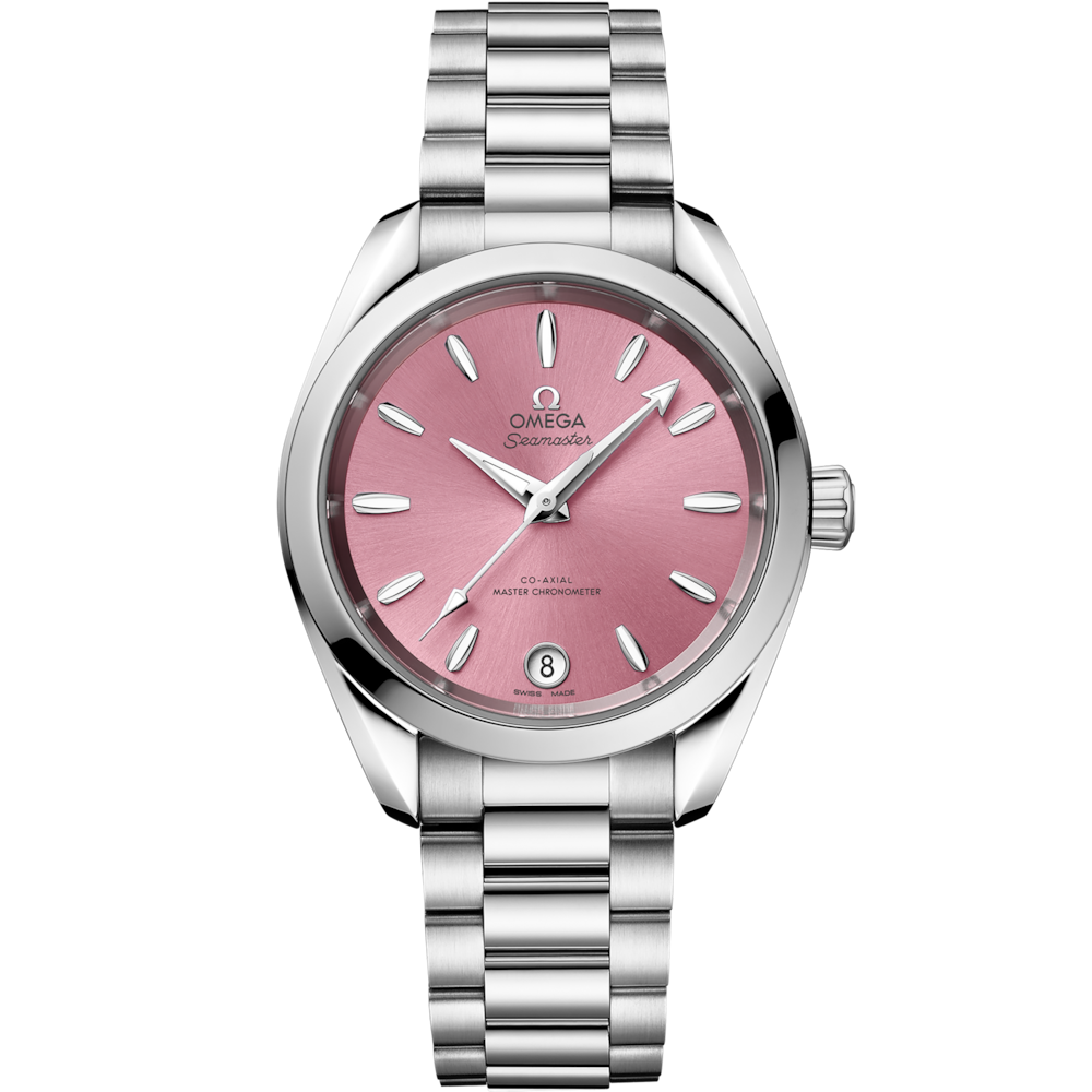Quadrante shell pink laccato e spazzolato soleil con indici e lancette rodiati riempiti di Super-LumiNova bianca dell’Omega Seamaster Aqua Terra Shades 34 mm modello 220.10.34.20.10.003.