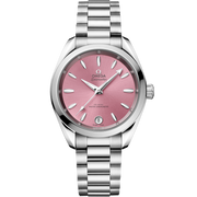 Quadrante shell pink laccato e spazzolato soleil con indici e lancette rodiati riempiti di Super-LumiNova bianca dell’Omega Seamaster Aqua Terra Shades 34 mm modello 220.10.34.20.10.003.