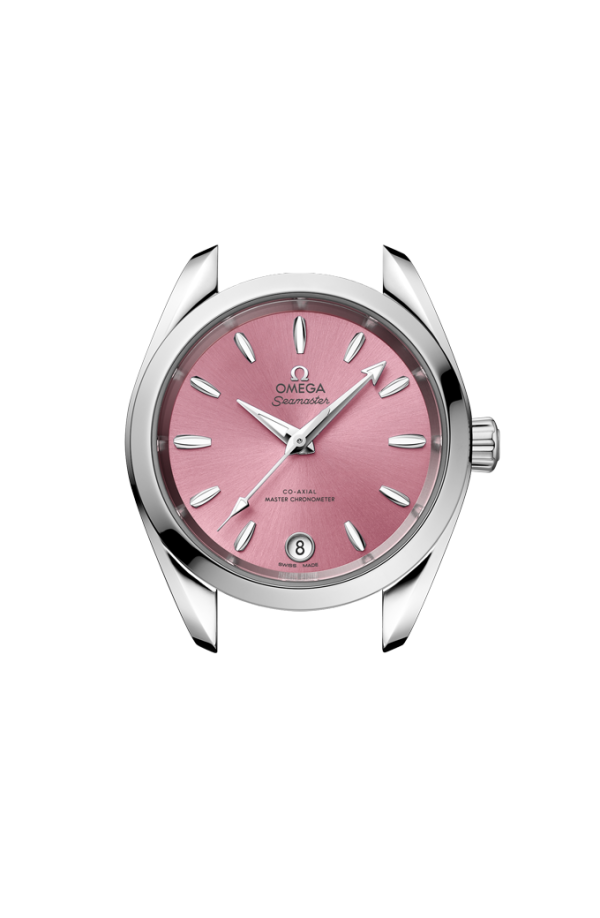 Profilo laterale della cassa in acciaio lucido e spazzolato da 34 mm con vetro zaffiro bombato antiriflesso e corona a vite Omega.