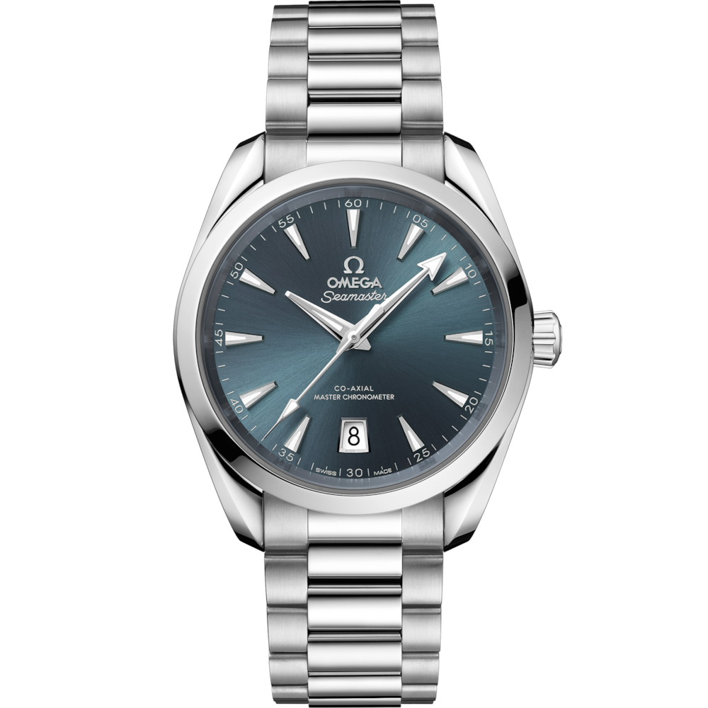 Quadrante blu Atlantic Blue laccato soleil con indici e lancette rodiati riempiti di Super-LumiNova bianca dell’Omega Seamaster Aqua Terra Shades 38 mm modello 220.10.38.20.03.003.