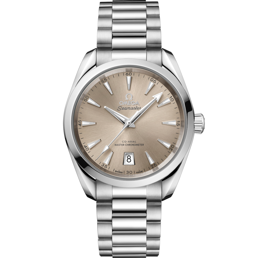 Quadrante verde alloro sunburst dell’Omega Seamaster Aqua Terra Shades 38 mm con indici a bastone rodiati, lancette sfaccettate e datario a ore 6