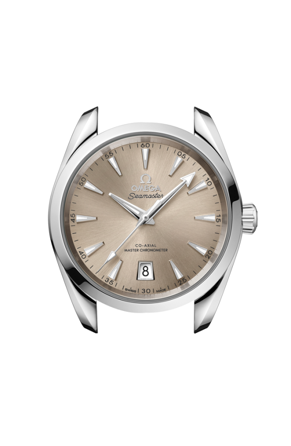 Cassa in acciaio inossidabile lucido da 38 mm con corona simmetrica, lunetta liscia e bracciale integrato in acciaio inox lucido e satinato con maglie rotonde