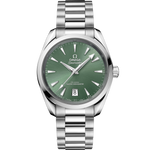 Load image into Gallery viewer, Quadrante verde alloro laccato e spazzolato soleil con indici e lancette rodiati riempiti di Super-LumiNova bianca dell’Omega Seamaster Aqua Terra Shades 38 mm modello 220.10.38.20.10.002.

