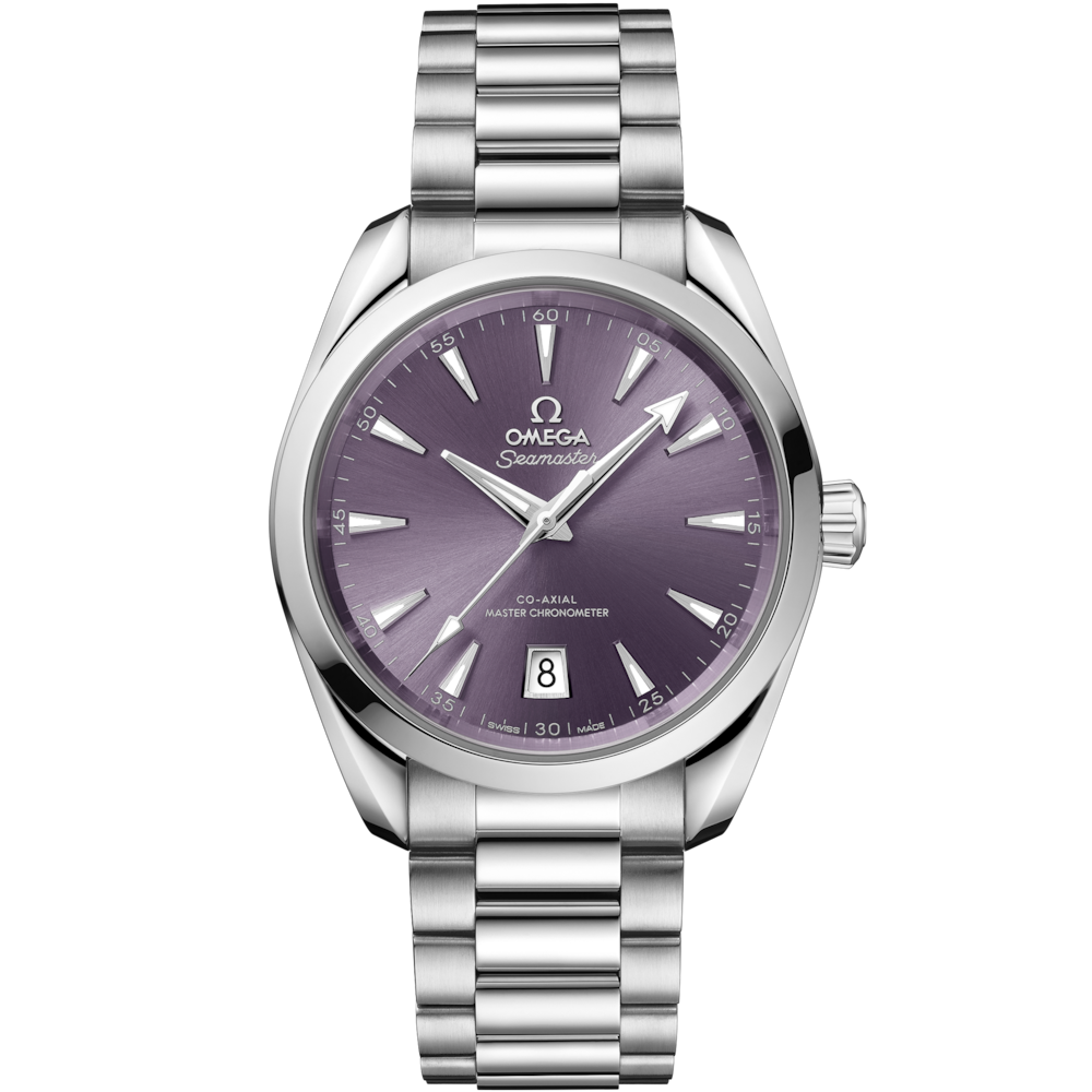 Quadrante lavanda laccato soleil con finitura a raggi di sole centrale dell’Omega Seamaster Aqua Terra Shades 38 mm modello 220.10.38.20.10.004.