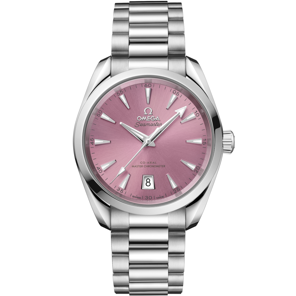 Quadrante rosa sunburst dell’Omega Seamaster Aqua Terra Shades 38 mm con indici a bastone rodiati, lancette sfaccettate riempite di Super-LumiNova bianca e datario a ore 6