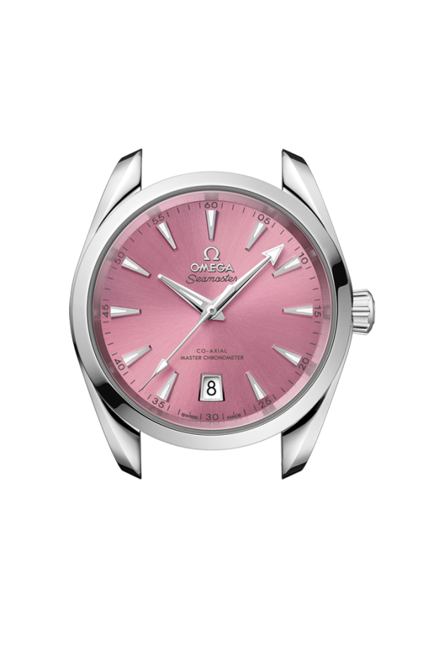 Cassa simmetrica da 38 mm in acciaio inossidabile lucido con corona a vite, lunetta liscia e bracciale integrato in acciaio inox lucido e satinato con maglie rotonde
