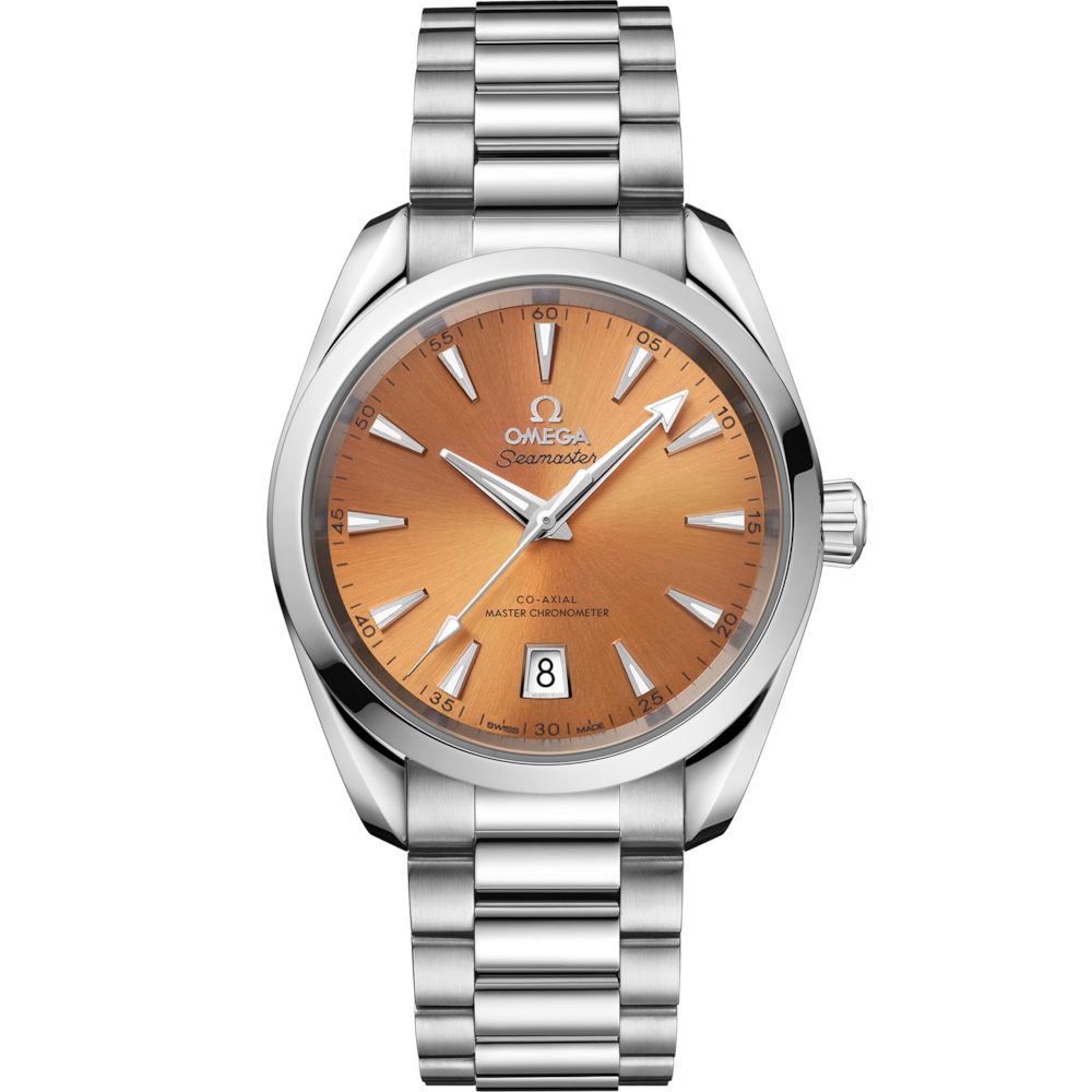 Quadrante saffron laccato soleillé con indici rodiati e Super-LumiNova bianca dell’Omega Seamaster Aqua Terra Shades 38 mm modello 220.10.38.20.12.001.