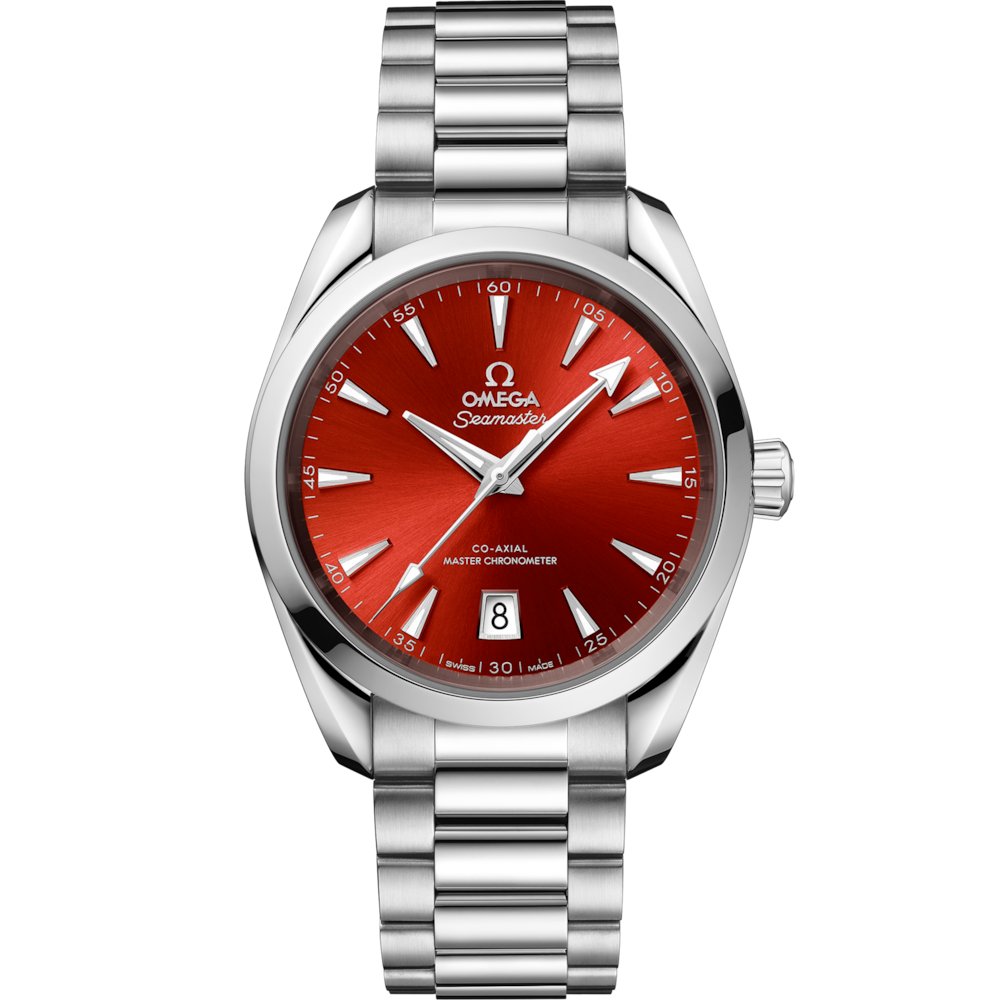 Quadrante verde alloro sunburst dell’Omega Seamaster Aqua Terra Shades 38 mm con indici a bastone rodiati, lancette sfaccettate e datario a ore 6