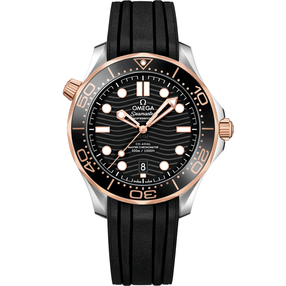 Quadrante blu lucido in ceramica con motivo a onde inciso al laser e indici luminosi dell’Omega Seamaster Diver 300M 42 mm modello 210.22.42.20.01.002 con cinturino in caucciù blu.