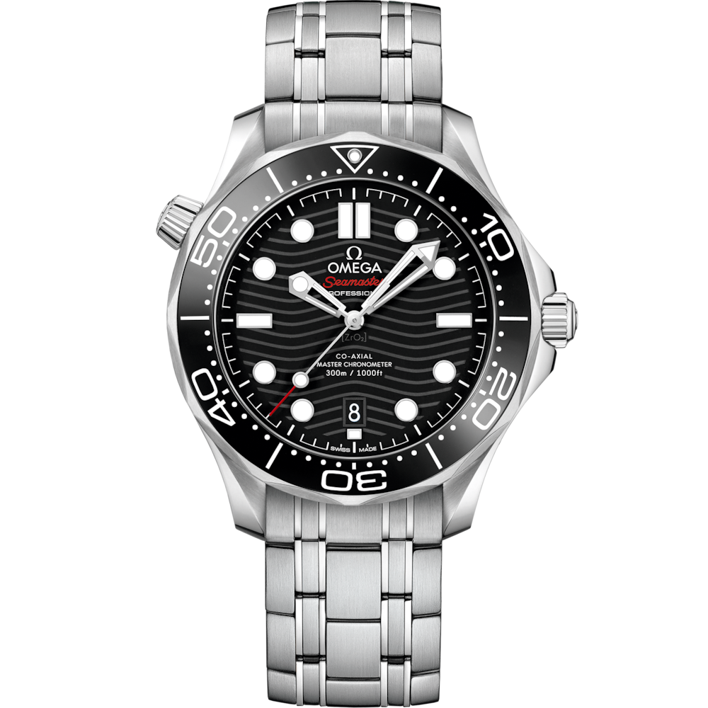 Quadrante nero lucido in ceramica con motivo a onde inciso al laser e indici luminosi dell’Omega Seamaster Diver 300M 42 mm modello 210.30.42.20.10.001.