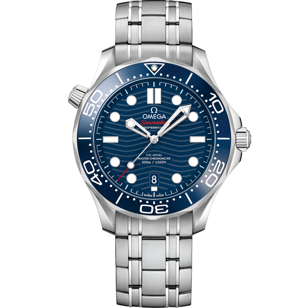 Quadrante blu lucido in ceramica con motivo a onde inciso al laser e indici luminosi dell’Omega Seamaster Diver 300M 42 mm modello 210.30.42.20.03.001.
