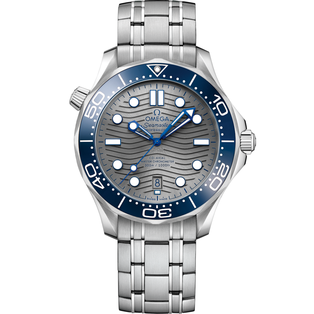 Quadrante in ceramica argento/grigio lucido con motivo a onde inciso al laser e indici luminosi dell’Omega Seamaster Diver 300M 42 mm modello 210.30.42.20.06.001.