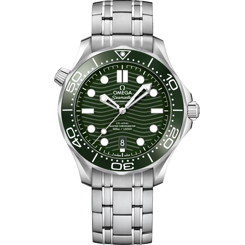 Quadrante in ceramica verde lucida con motivo a onde inciso al laser dell’Omega Seamaster Diver 300M 42 mm modello 210.30.42.20.10.001.